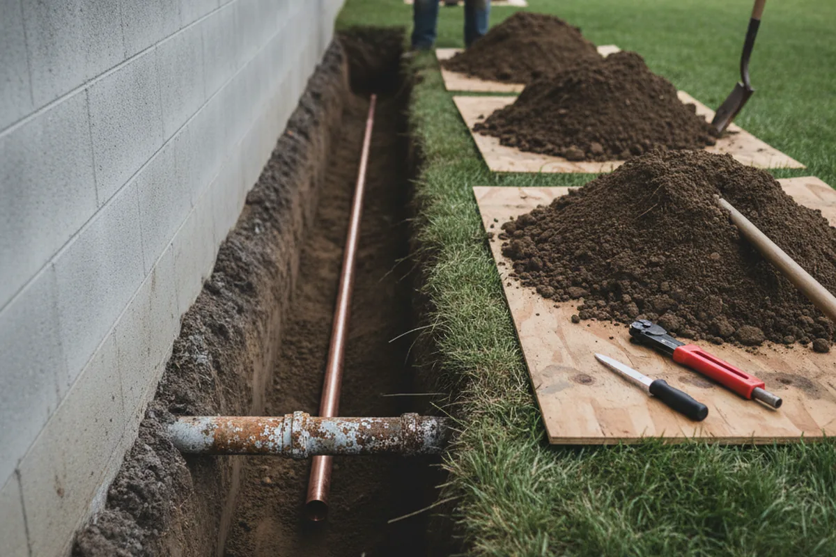 Excavated water line trench during Sewer Line Repair in Muldraugh